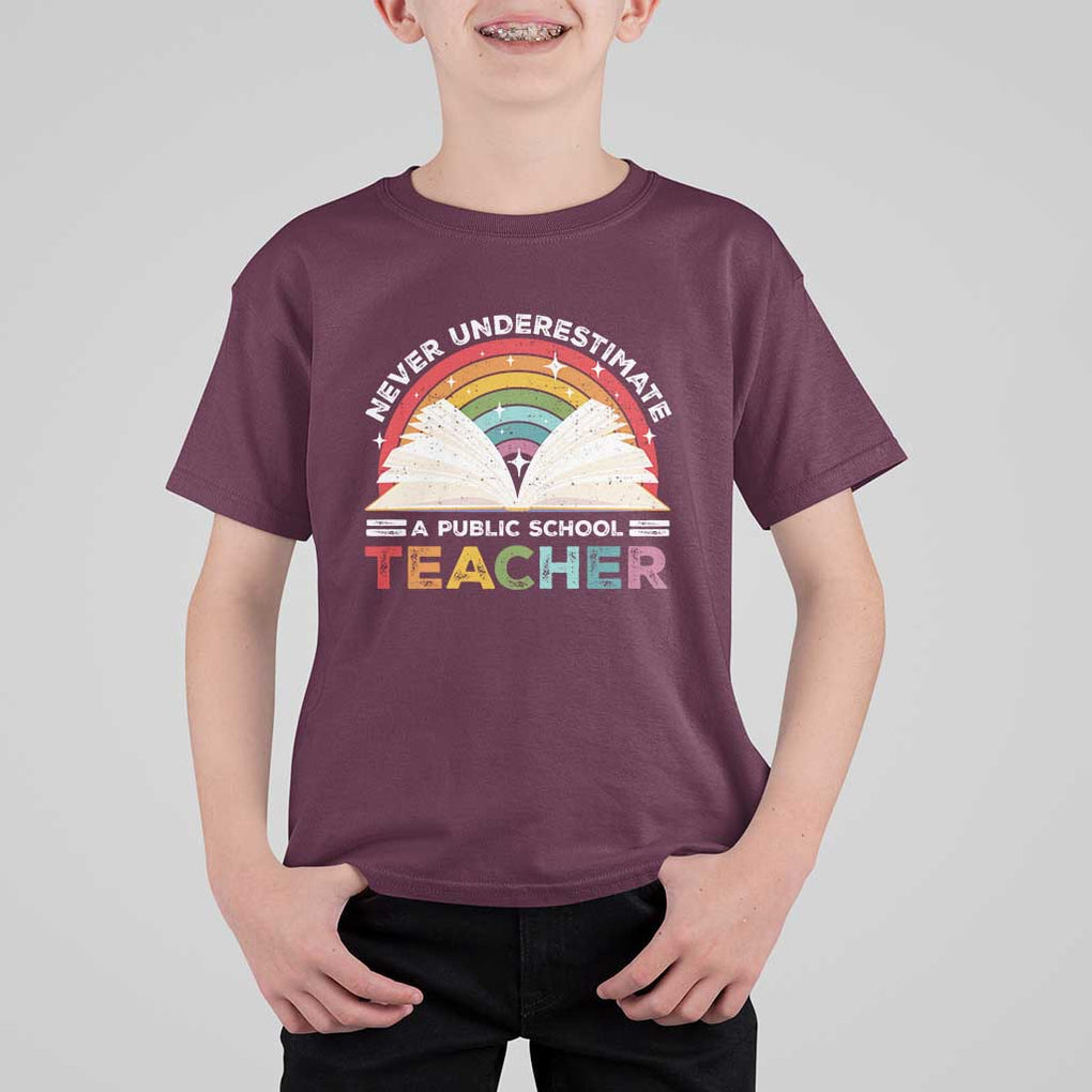 Tim Walz T Shirt For Kid Never Underestimate A Public School Teacher Rainbow Book TS11 Maroon Print Your Wear