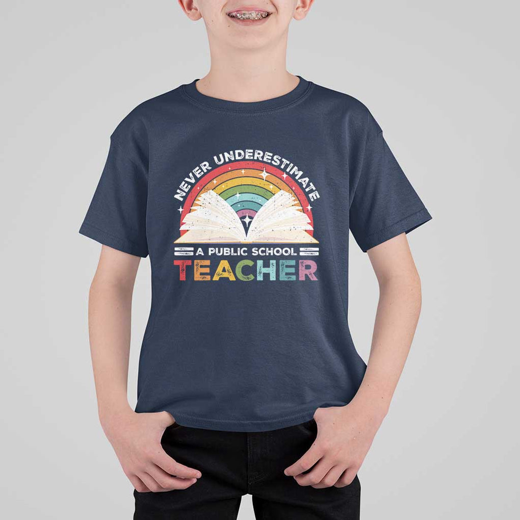 Tim Walz T Shirt For Kid Never Underestimate A Public School Teacher Rainbow Book TS11 Navy Print Your Wear