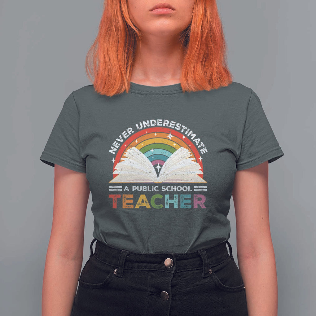 Tim Walz T Shirt For Women Never Underestimate A Public School Teacher Rainbow Book TS11 Dark Heather Print Your Wear