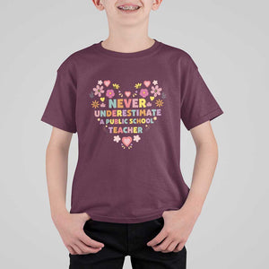 Harris Walz Supporter T Shirt For Kid Never Underestimate A Public School Teacher Flower Heart TS11 Maroon Print Your Wear