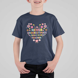 Harris Walz Supporter T Shirt For Kid Never Underestimate A Public School Teacher Flower Heart TS11 Navy Print Your Wear