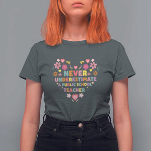 Harris Walz Supporter T Shirt For Women Never Underestimate A Public School Teacher Flower Heart TS11 Dark Heather Print Your Wear