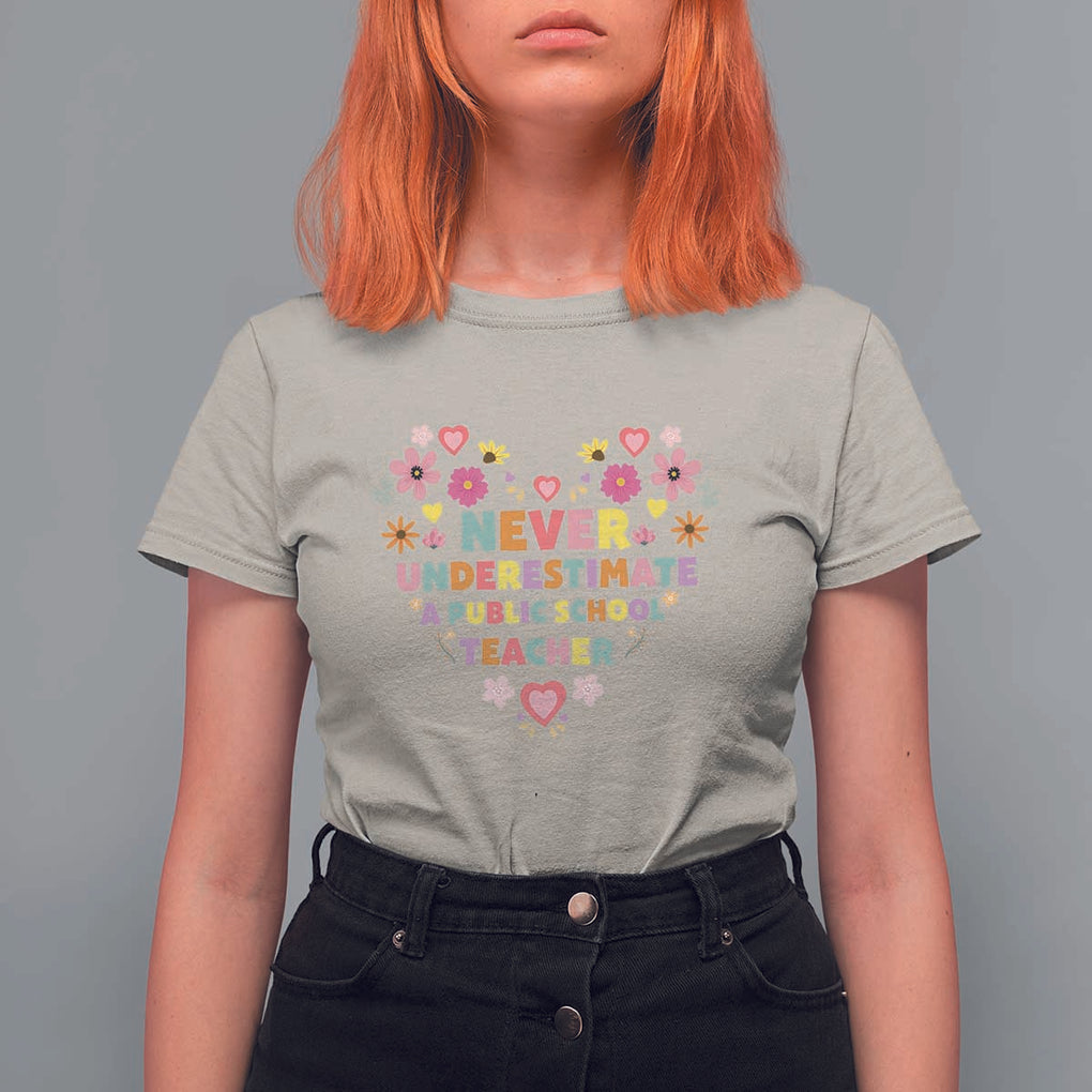 Harris Walz Supporter T Shirt For Women Never Underestimate A Public School Teacher Flower Heart TS11 Sand Print Your Wear