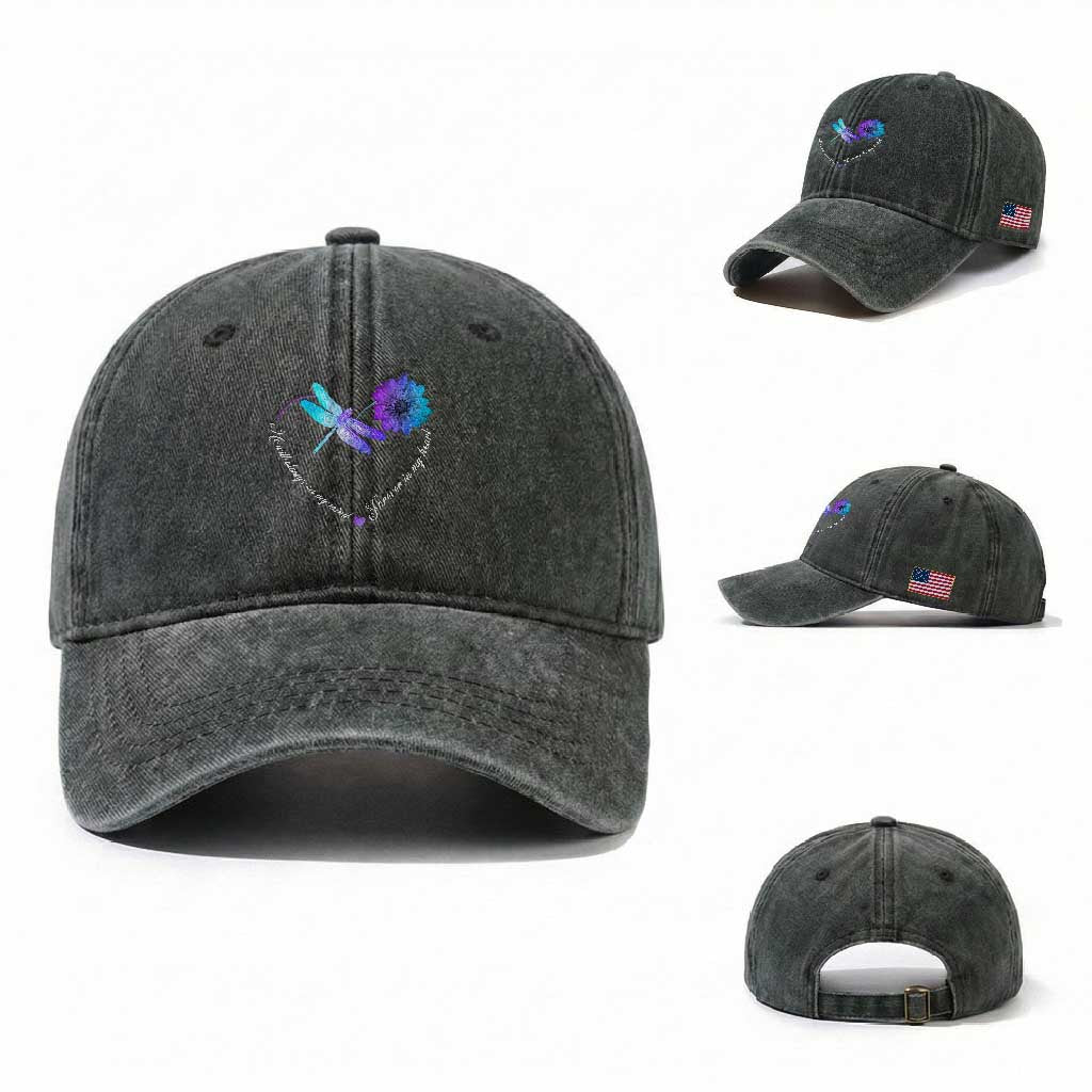 Suicide Prevention Awareness Washed Cotton Baseball Cap He Will Always On My Mind Forever In My Heart Dragonfly Flower