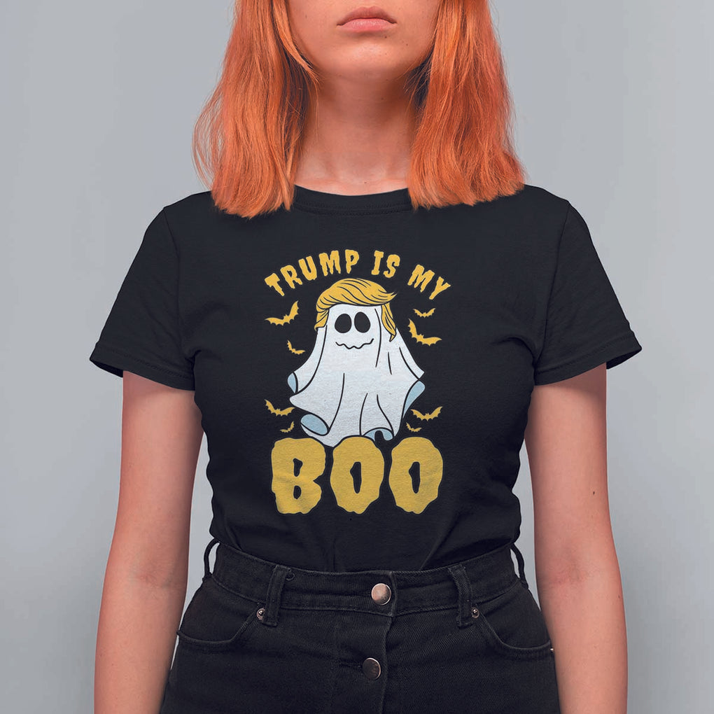Funny Trump Supporter 2024 T Shirt For Women Trump Is My Boo Halloween Ghost Bat Blond Hair TS11 Black Print Your Wear