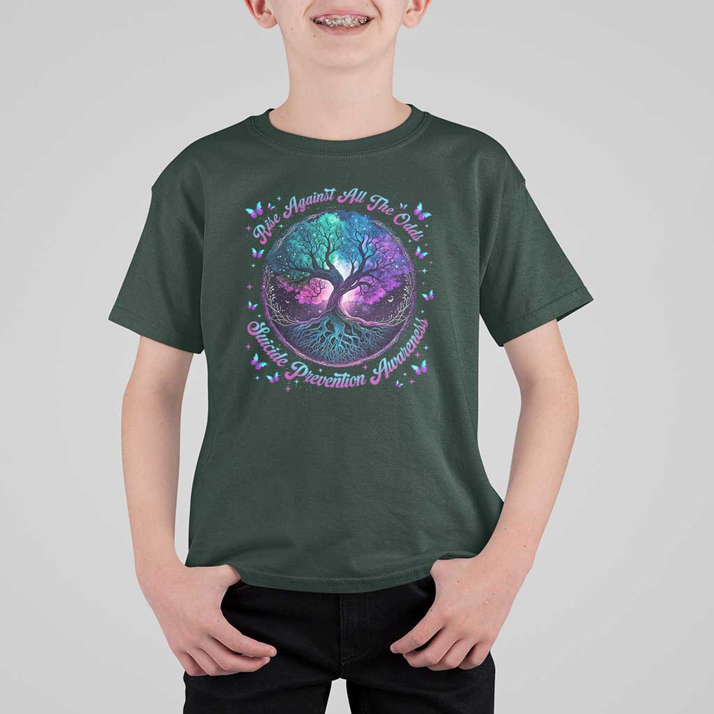 Suicide Prevention Awareness T Shirt For Kid Rise Against All The Odds Teal And Purple Tree Butterfly TS11 Dark Forest Green Print Your Wear