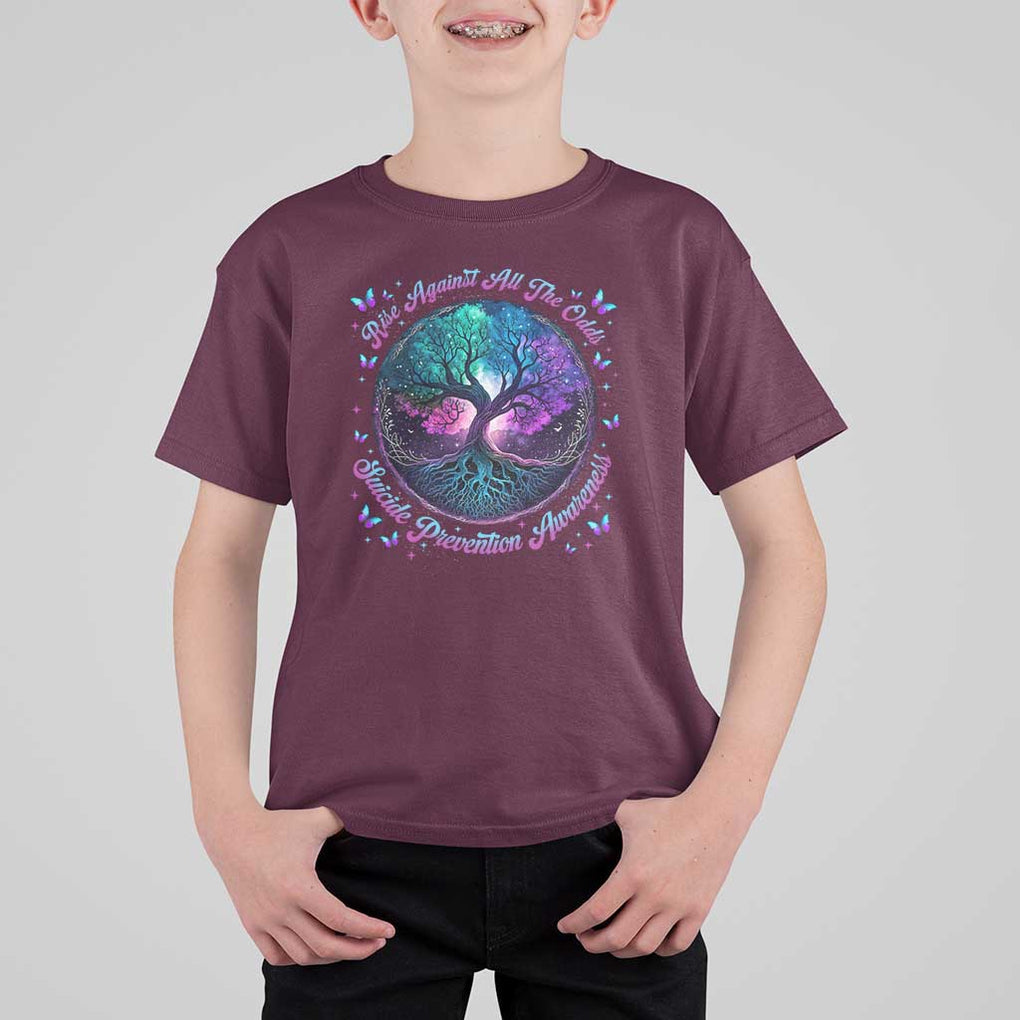 Suicide Prevention Awareness T Shirt For Kid Rise Against All The Odds Teal And Purple Tree Butterfly TS11 Maroon Print Your Wear