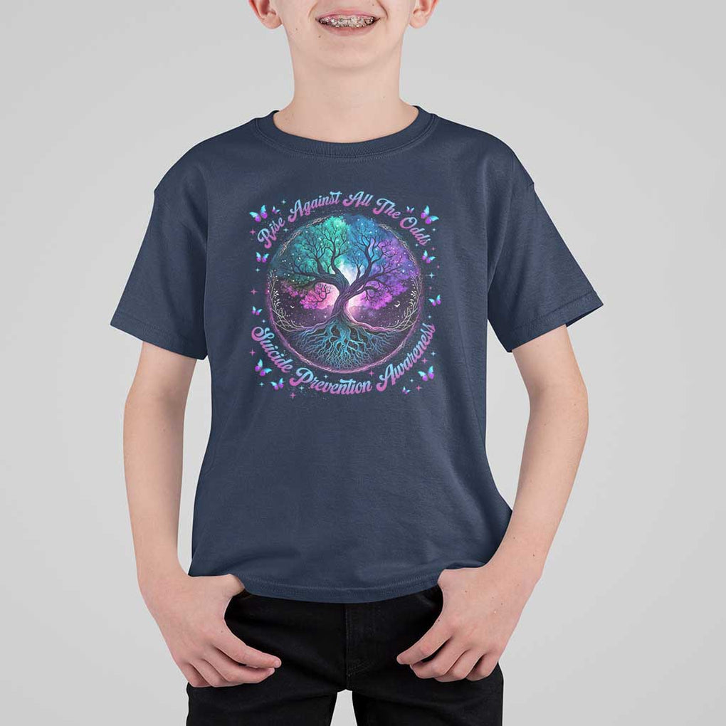 Suicide Prevention Awareness T Shirt For Kid Rise Against All The Odds Teal And Purple Tree Butterfly TS11 Navy Print Your Wear
