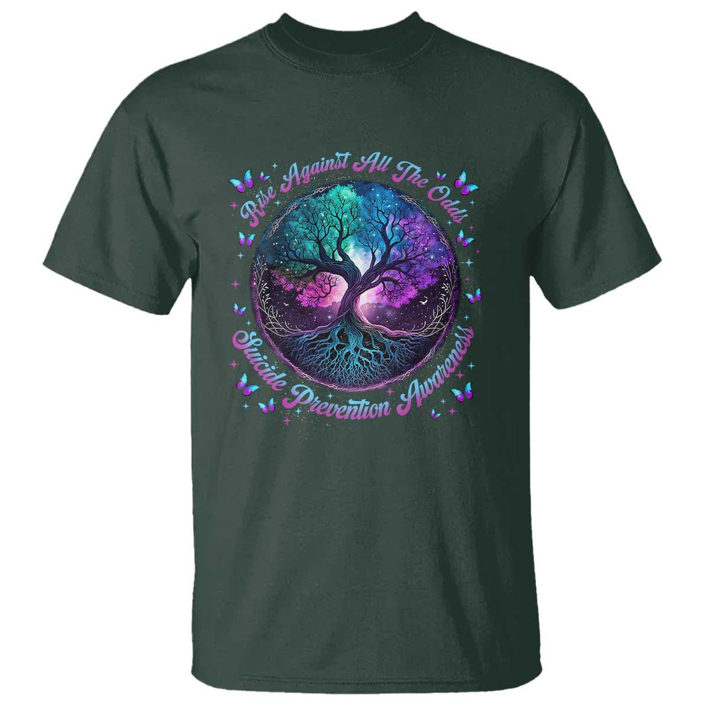 Suicide Prevention Awareness T Shirt Rise Against All The Odds Teal And Purple Tree Butterfly TS11 Dark Forest Green Print Your Wear