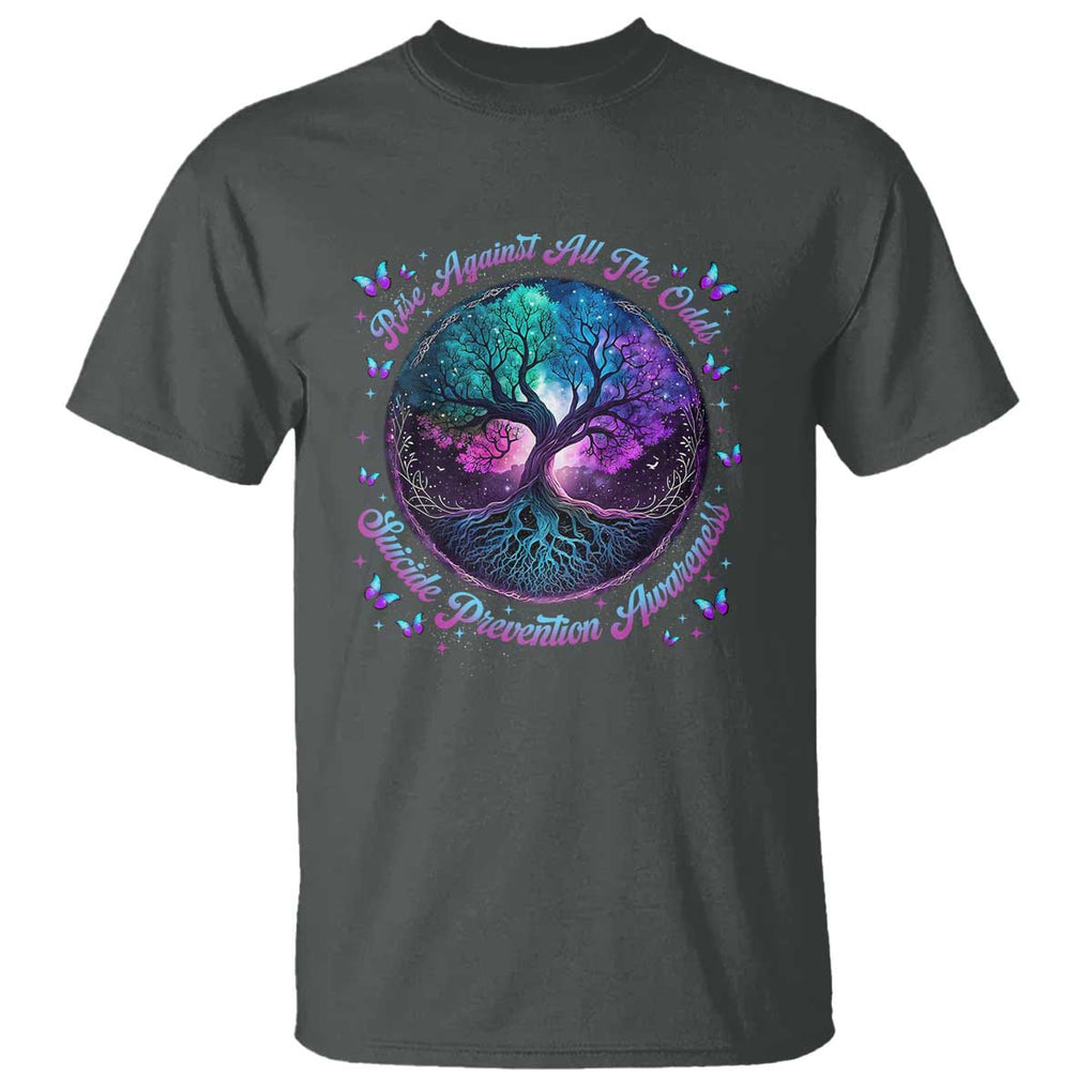 Suicide Prevention Awareness T Shirt Rise Against All The Odds Teal And Purple Tree Butterfly TS11 Dark Heather Print Your Wear