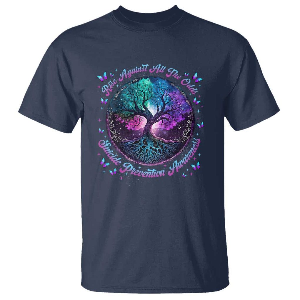 Suicide Prevention Awareness T Shirt Rise Against All The Odds Teal And Purple Tree Butterfly TS11 Navy Print Your Wear