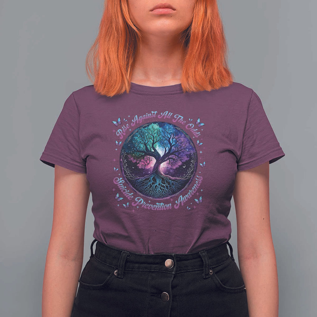 Suicide Prevention Awareness T Shirt For Women Rise Against All The Odds Teal And Purple Tree Butterfly TS11 Maroon Print Your Wear