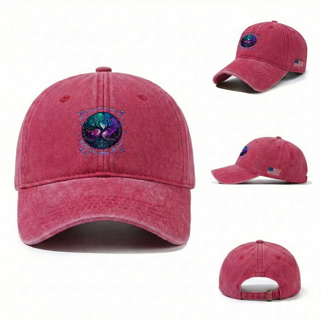 Suicide Prevention Awareness Washed Cotton Baseball Cap Rise Against All The Odds Teal And Purple Tree Butterfly