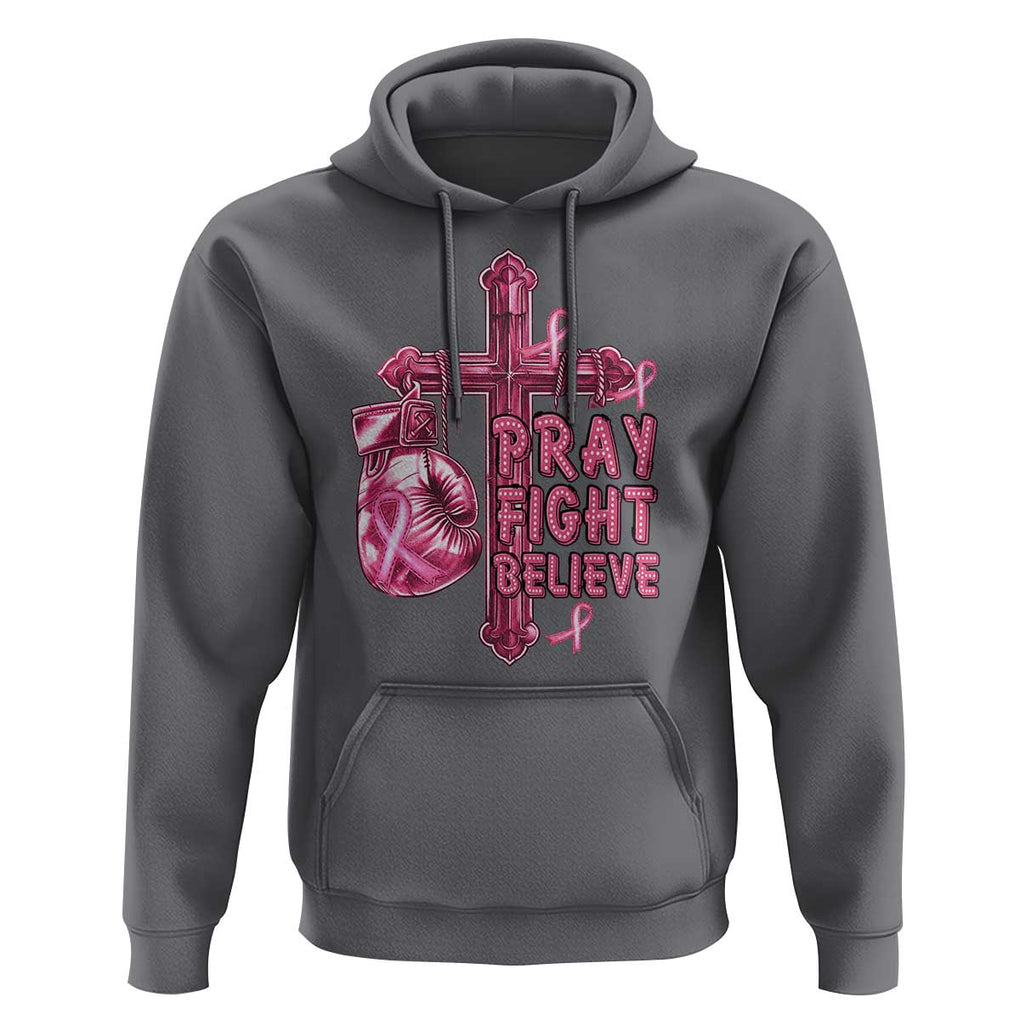 Breast Cancer Awareness Hoodie Pray Fight Believe Boxing Glove Cross Pink Ribbon TS11 Charcoal Print Your Wear