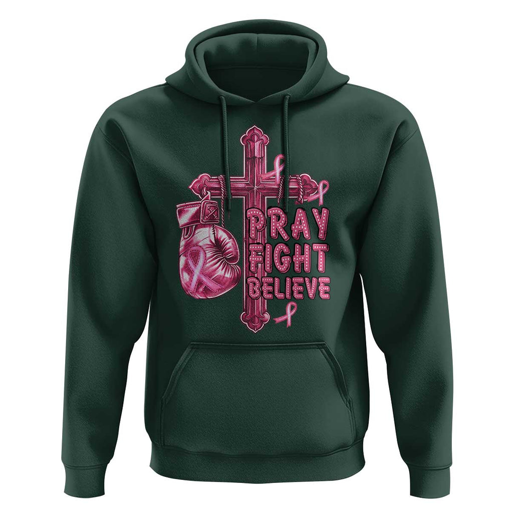 Breast Cancer Awareness Hoodie Pray Fight Believe Boxing Glove Cross Pink Ribbon TS11 Dark Forest Green Print Your Wear