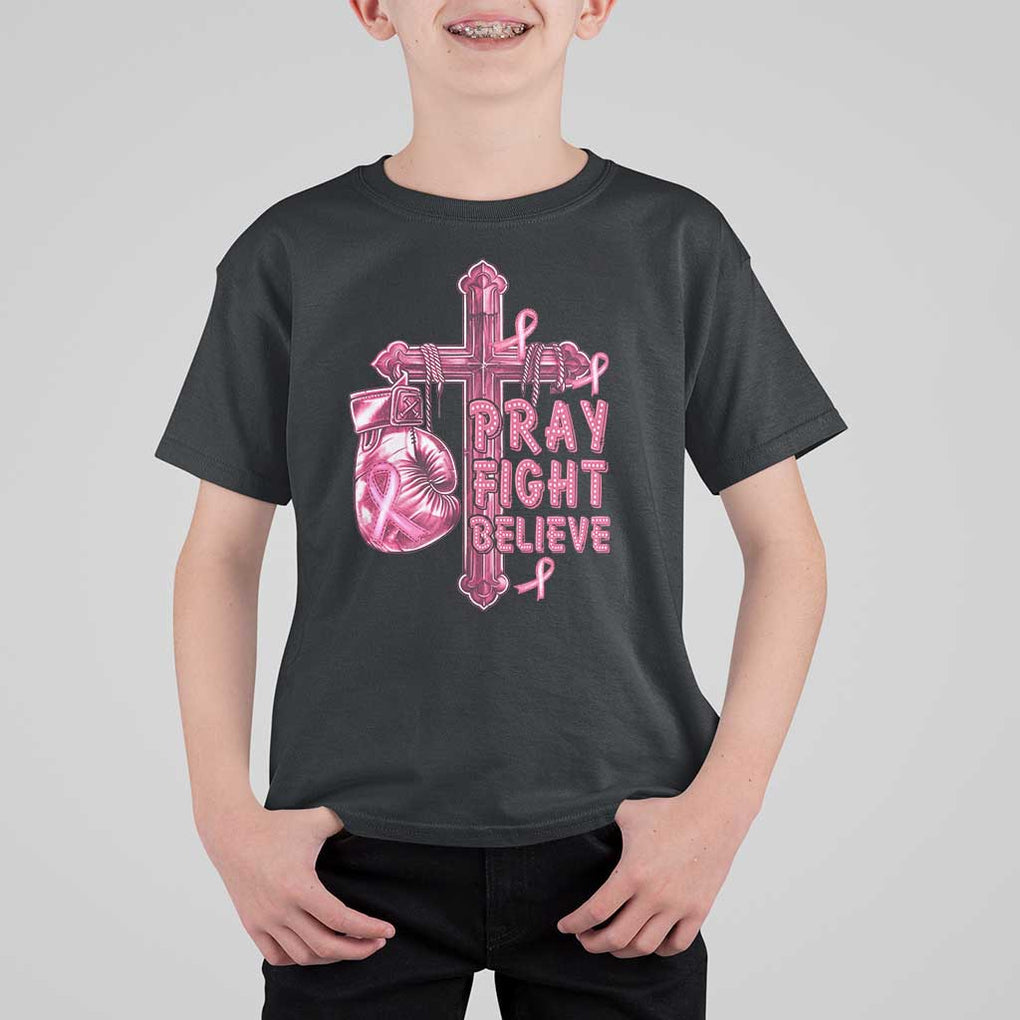 Breast Cancer Awareness T Shirt For Kid Pray Fight Believe Boxing Glove Cross Pink Ribbon TS11 Black Print Your Wear