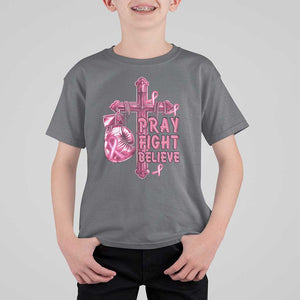Breast Cancer Awareness T Shirt For Kid Pray Fight Believe Boxing Glove Cross Pink Ribbon TS11 Charcoal Print Your Wear