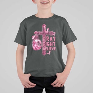 Breast Cancer Awareness T Shirt For Kid Pray Fight Believe Boxing Glove Cross Pink Ribbon TS11 Dark Heather Print Your Wear