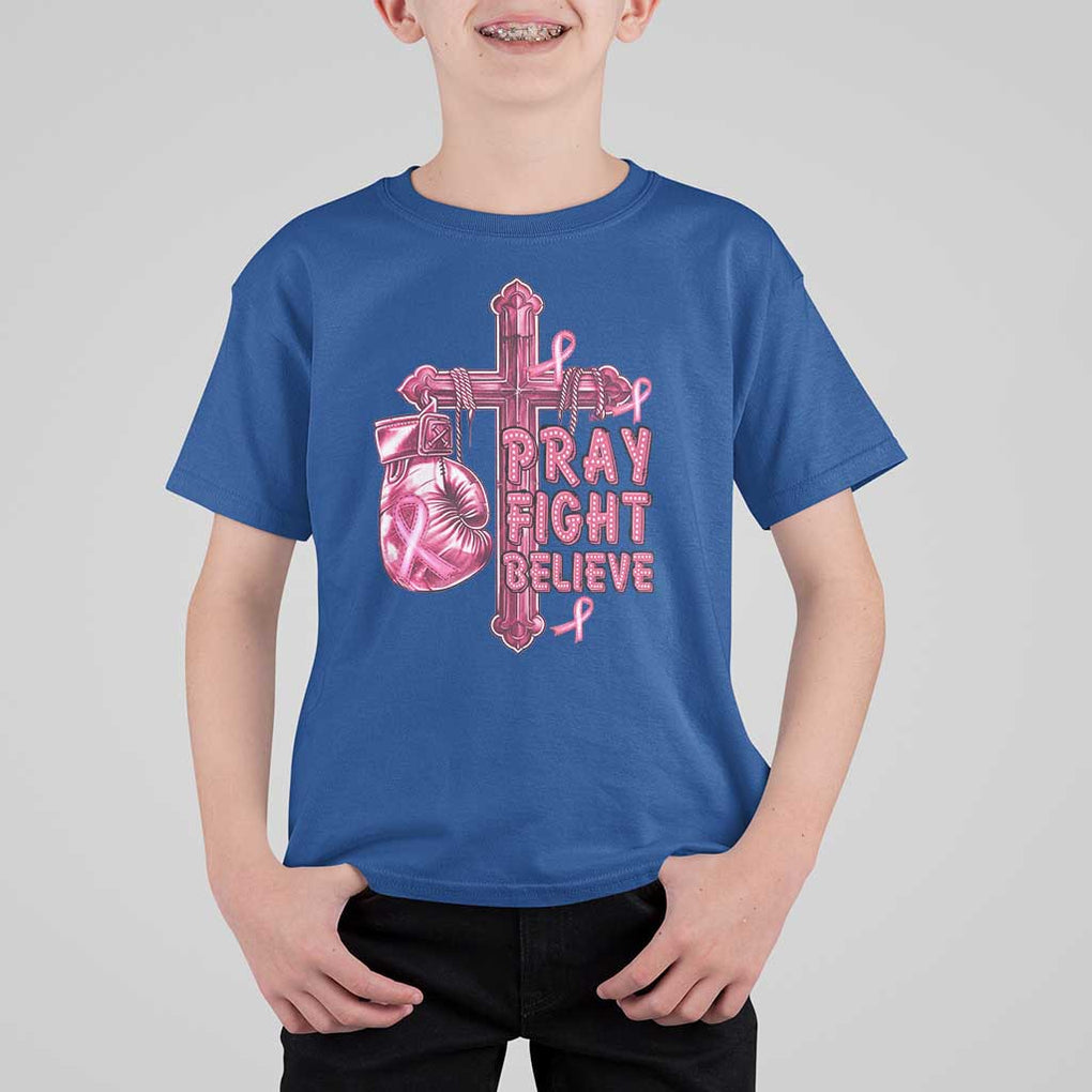 Breast Cancer Awareness T Shirt For Kid Pray Fight Believe Boxing Glove Cross Pink Ribbon TS11 Royal Blue Print Your Wear