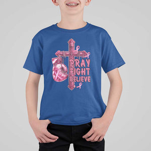 Breast Cancer Awareness T Shirt For Kid Pray Fight Believe Boxing Glove Cross Pink Ribbon TS11 Royal Blue Print Your Wear