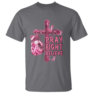 Breast Cancer Awareness T Shirt Pray Fight Believe Boxing Glove Cross Pink Ribbon TS11 Charcoal Print Your Wear