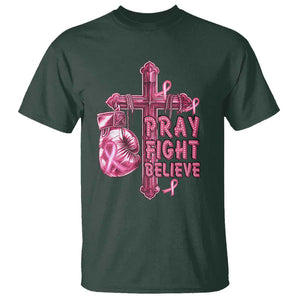 Breast Cancer Awareness T Shirt Pray Fight Believe Boxing Glove Cross Pink Ribbon TS11 Dark Forest Green Print Your Wear