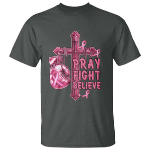 Breast Cancer Awareness T Shirt Pray Fight Believe Boxing Glove Cross Pink Ribbon TS11 Dark Heather Print Your Wear