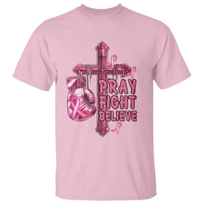 Breast Cancer Awareness T Shirt Pray Fight Believe Boxing Glove Cross Pink Ribbon TS11 Light Pink Print Your Wear