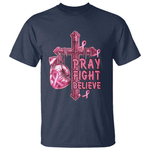 Breast Cancer Awareness T Shirt Pray Fight Believe Boxing Glove Cross Pink Ribbon TS11 Navy Print Your Wear