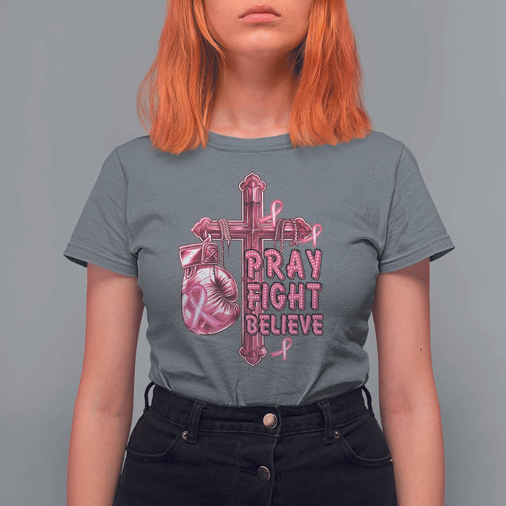 Breast Cancer Awareness T Shirt For Women Pray Fight Believe Boxing Glove Cross Pink Ribbon TS11 Charcoal Print Your Wear