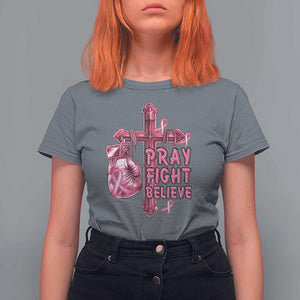 Breast Cancer Awareness T Shirt For Women Pray Fight Believe Boxing Glove Cross Pink Ribbon TS11 Charcoal Print Your Wear