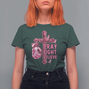 Breast Cancer Awareness T Shirt For Women Pray Fight Believe Boxing Glove Cross Pink Ribbon TS11 Dark Forest Green Print Your Wear