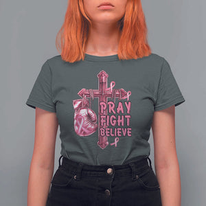 Breast Cancer Awareness T Shirt For Women Pray Fight Believe Boxing Glove Cross Pink Ribbon TS11 Dark Heather Print Your Wear