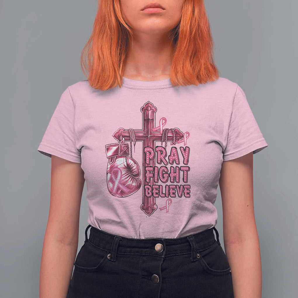 Breast Cancer Awareness T Shirt For Women Pray Fight Believe Boxing Glove Cross Pink Ribbon TS11 Light Pink Print Your Wear