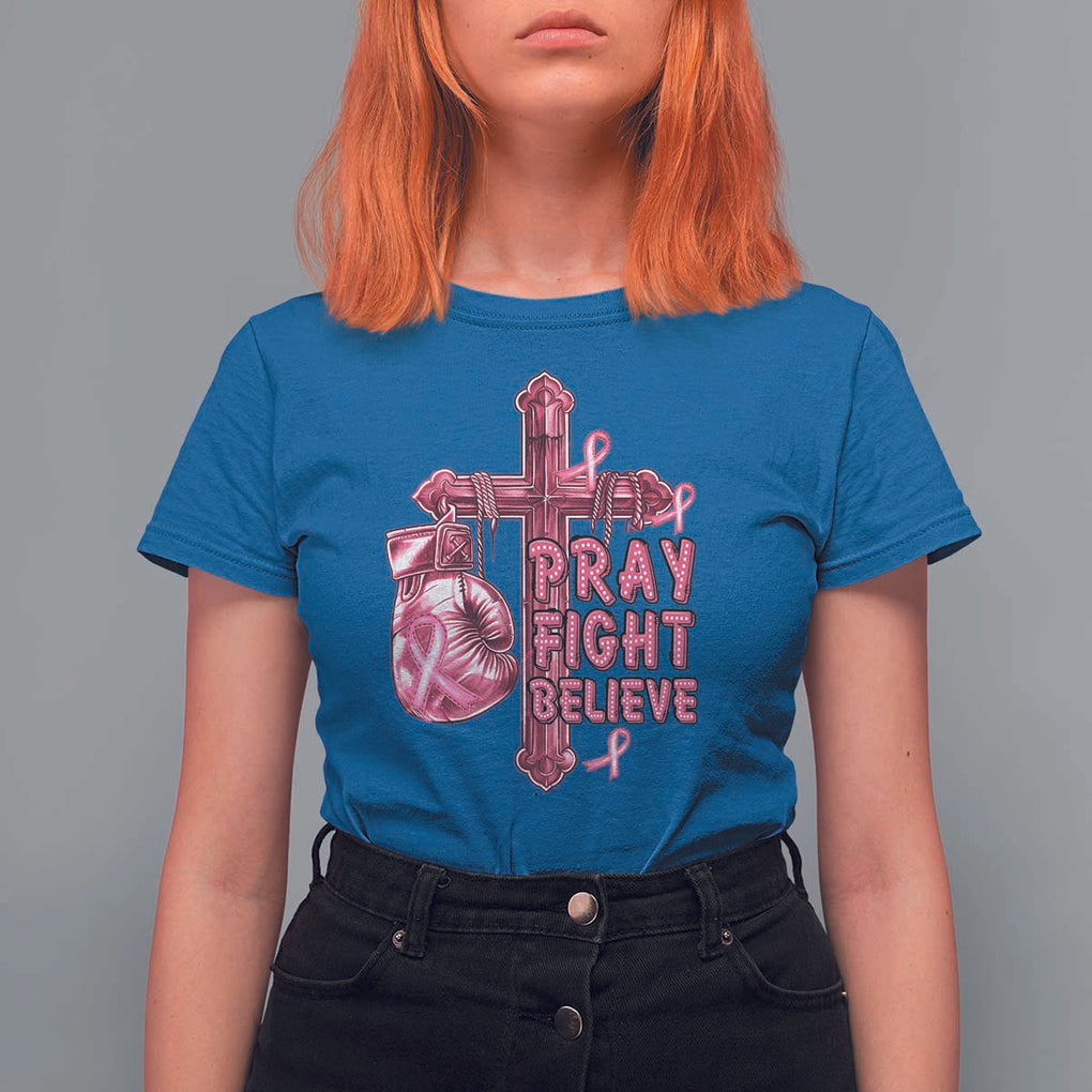 Breast Cancer Awareness T Shirt For Women Pray Fight Believe Boxing Glove Cross Pink Ribbon TS11 Royal Blue Print Your Wear