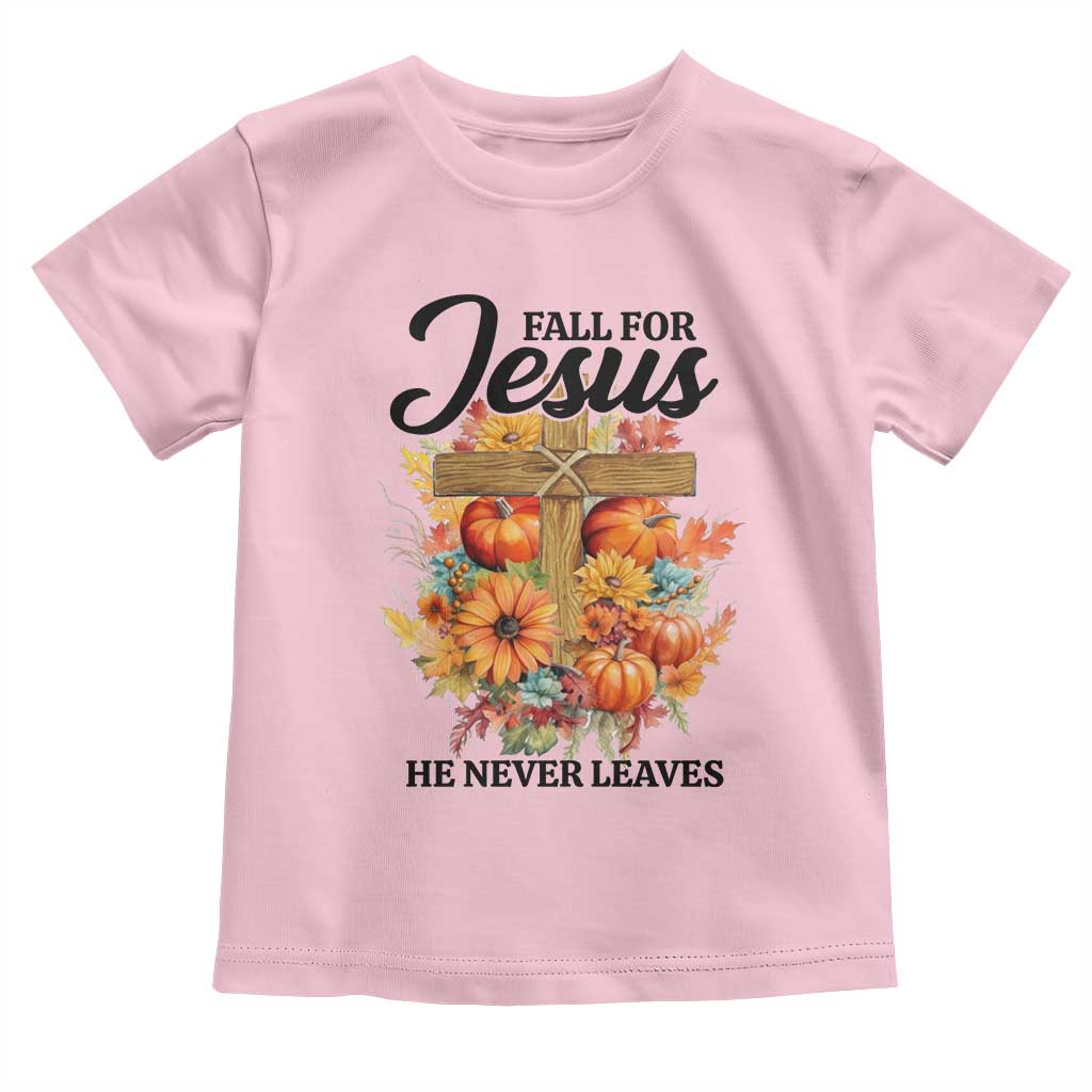 Funny Christian Baby Shirt Fall For Jesus He Never Leaves Thanksgiving TS11 Light Pink Print Your Wear