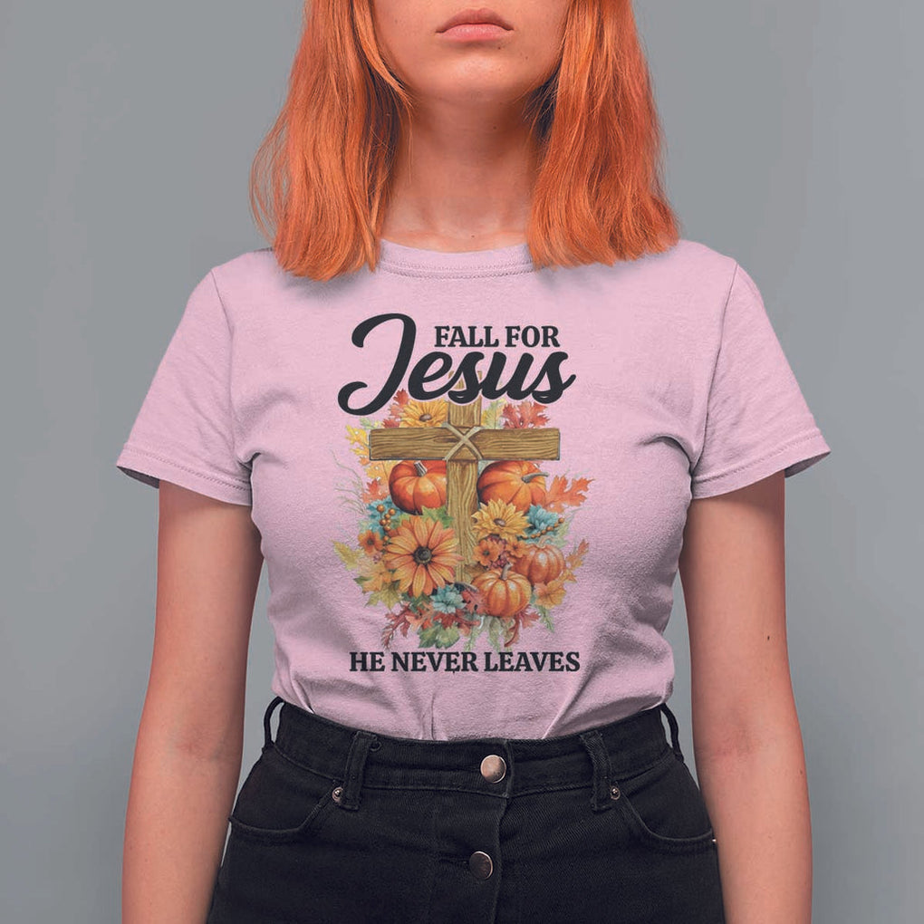Funny Christian T Shirt For Women Fall For Jesus He Never Leaves Thanksgiving TS11 Light Pink Print Your Wear