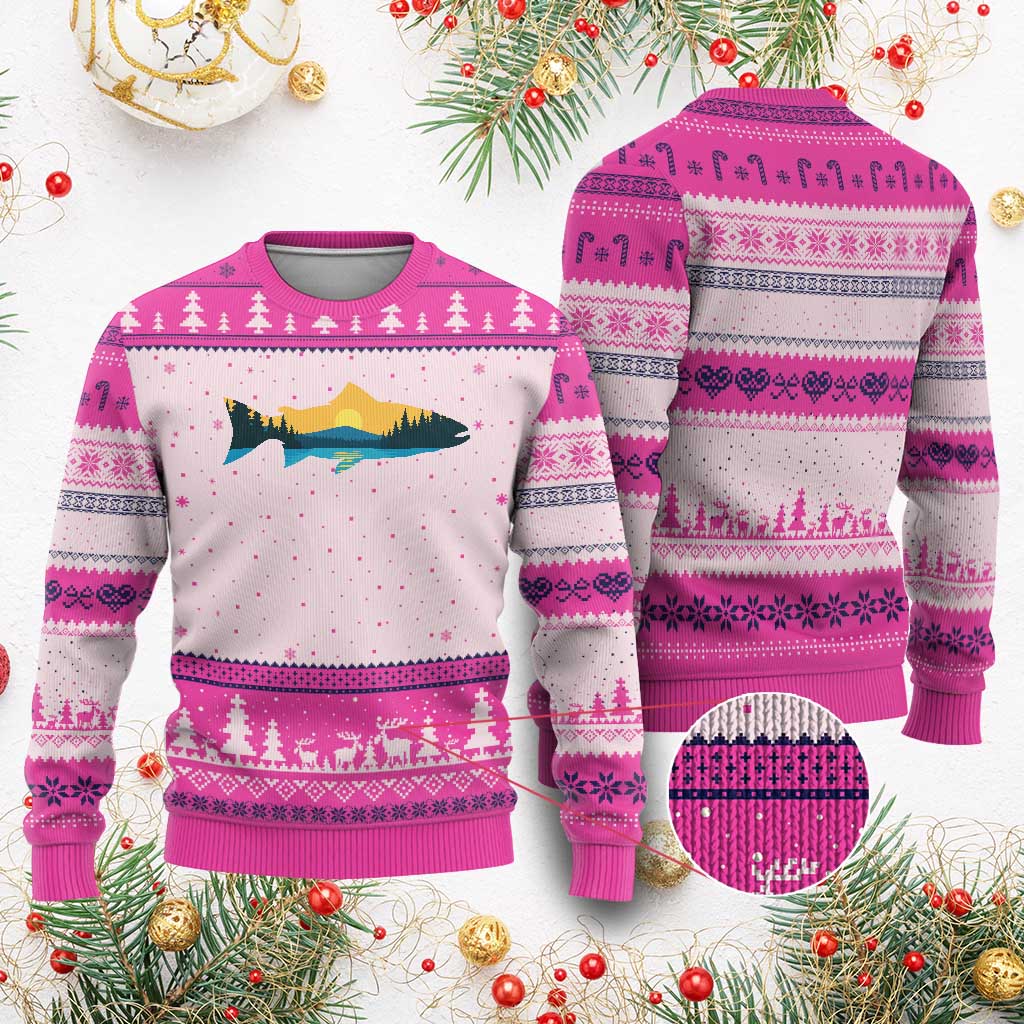 Trout Fly Fishing Outdoor Forest Mountain Nature Wildlife Fisherman Ugly Christmas Sweater TS11 Hot Pink Print Your Wear
