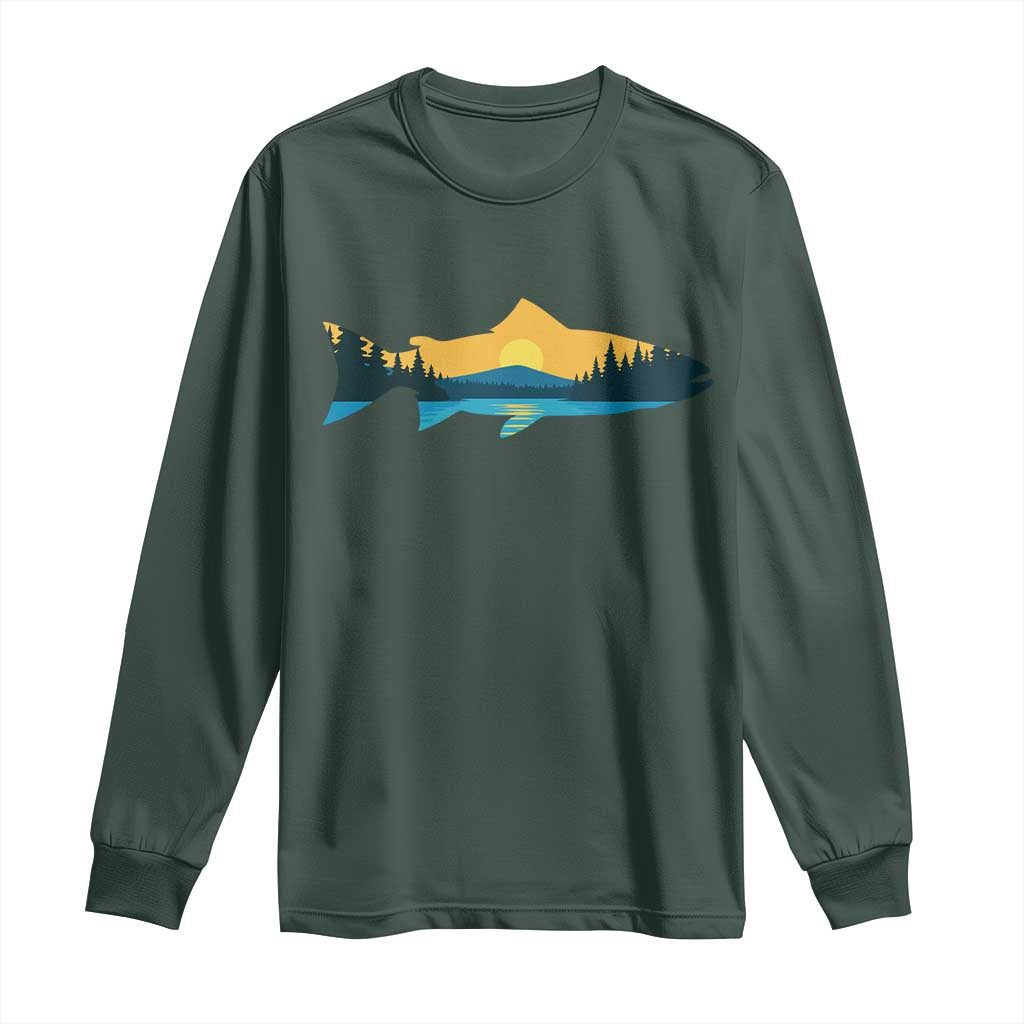 Trout Fly Fishing Outdoor Forest Mountain Nature Wildlife Fisherman Long Sleeve Shirt TS11 Dark Forest Green Print Your Wear