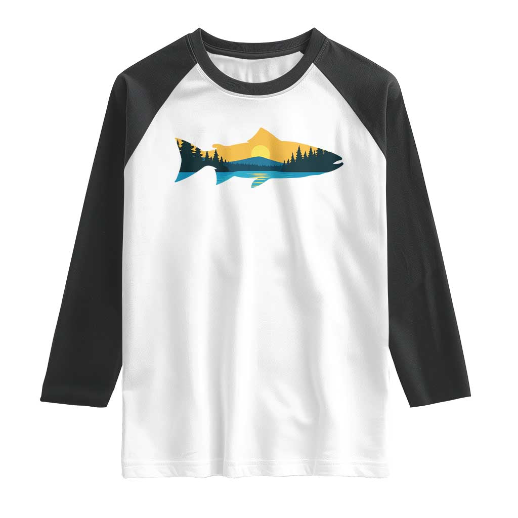 Trout Fly Fishing Outdoor Forest Mountain Nature Wildlife Fisherman Raglan Shirt TS11 White Black Print Your Wear