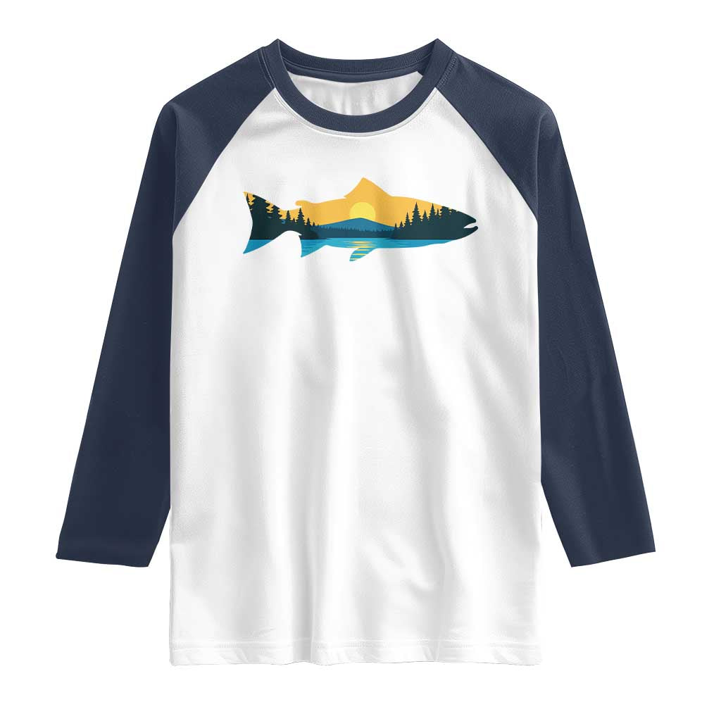 Trout Fly Fishing Outdoor Forest Mountain Nature Wildlife Fisherman Raglan Shirt TS11 White Navy Print Your Wear