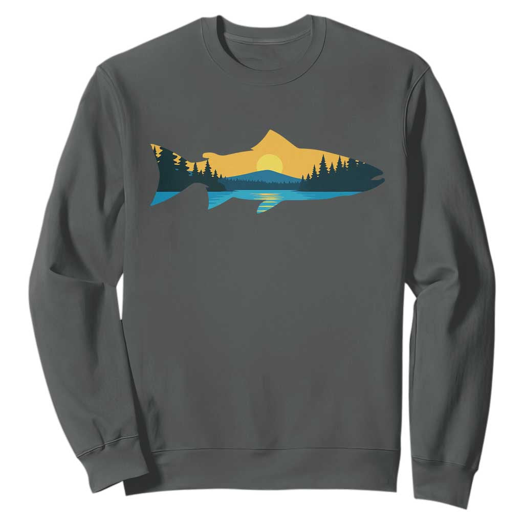 Trout Fly Fishing Outdoor Forest Mountain Nature Wildlife Fisherman Sweatshirt TS11 Dark Heather Print Your Wear