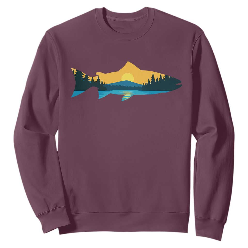 Trout Fly Fishing Outdoor Forest Mountain Nature Wildlife Fisherman Sweatshirt TS11 Maroon Print Your Wear