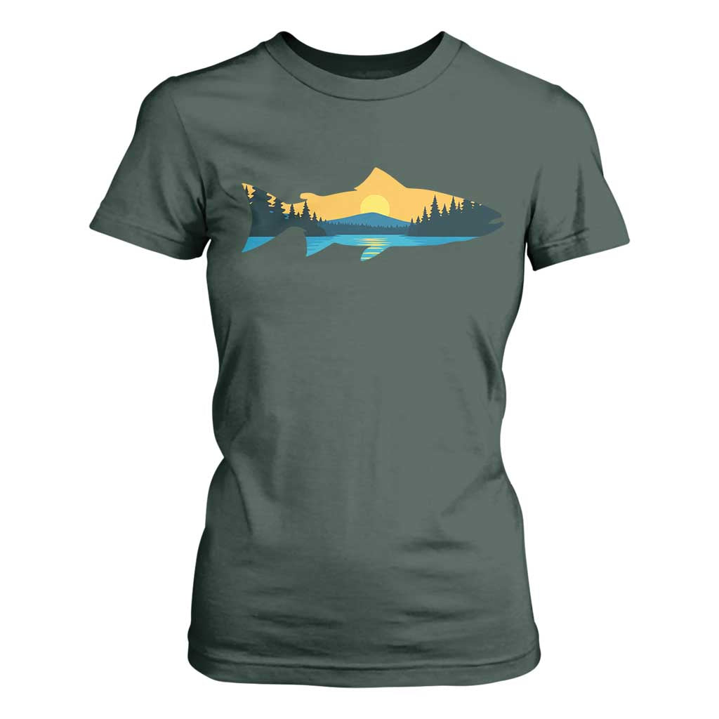 Trout Fly Fishing Outdoor Forest Mountain Nature Wildlife Fisherman T Shirt For Women TS11 Dark Forest Green Print Your Wear