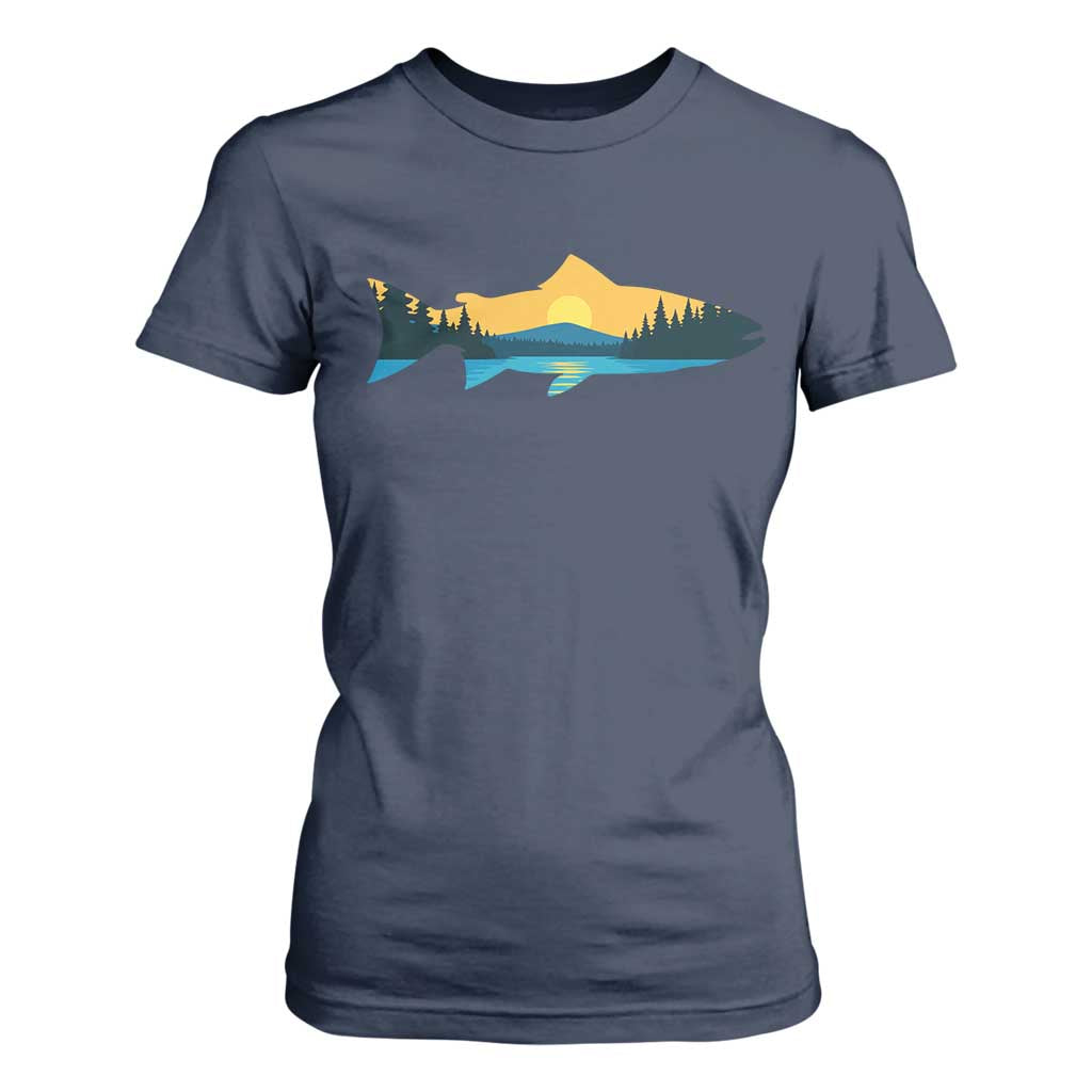 Trout Fly Fishing Outdoor Forest Mountain Nature Wildlife Fisherman T Shirt For Women TS11 Navy Print Your Wear