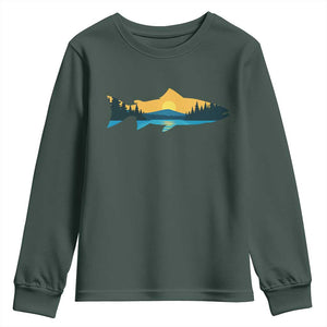 Trout Fly Fishing Outdoor Forest Mountain Nature Wildlife Fisherman Youth Sweatshirt TS11 Dark Forest Green Print Your Wear