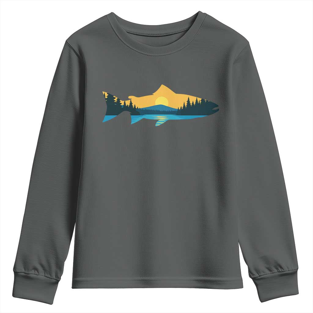 Trout Fly Fishing Outdoor Forest Mountain Nature Wildlife Fisherman Youth Sweatshirt TS11 Dark Heather Print Your Wear