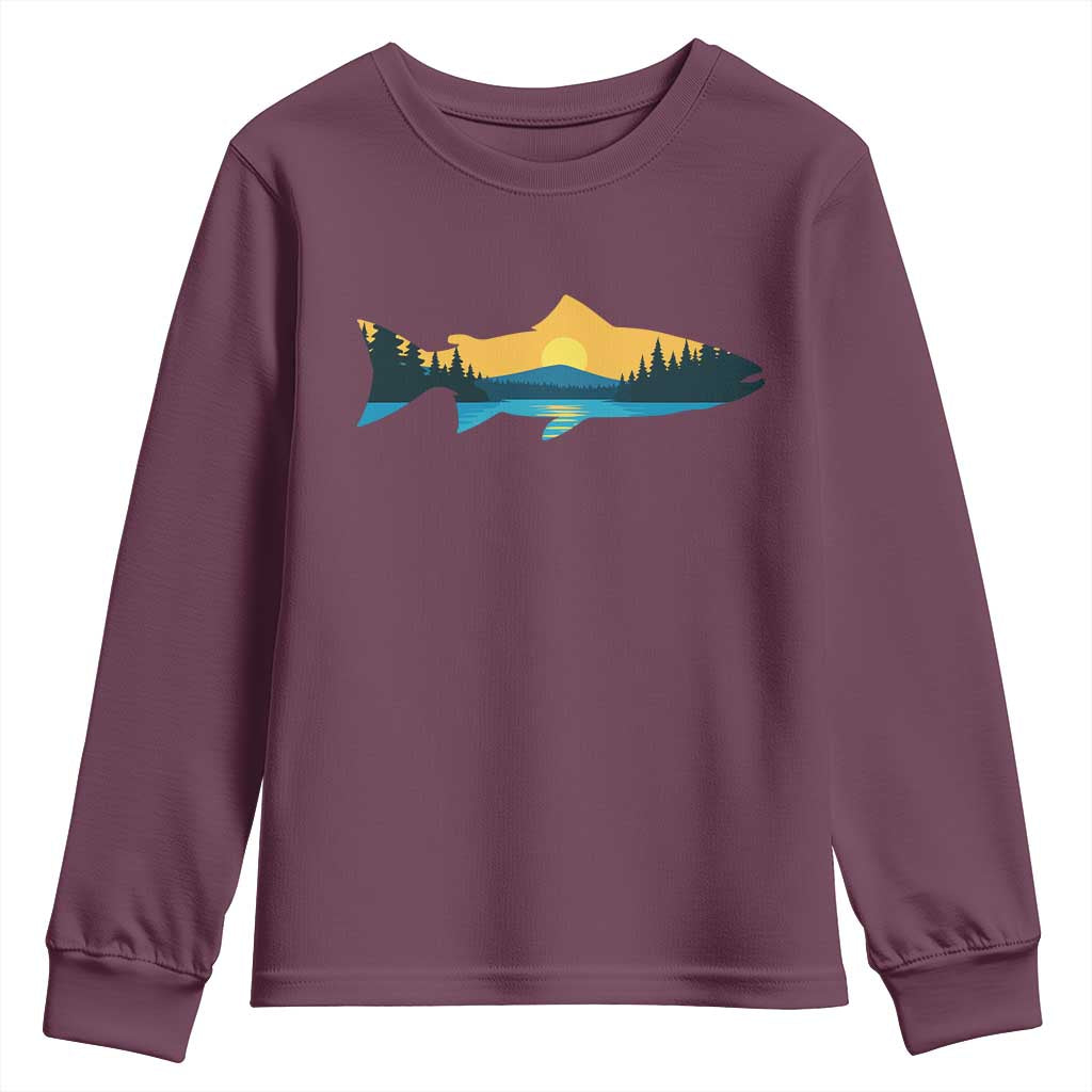 Trout Fly Fishing Outdoor Forest Mountain Nature Wildlife Fisherman Youth Sweatshirt TS11 Maroon Print Your Wear