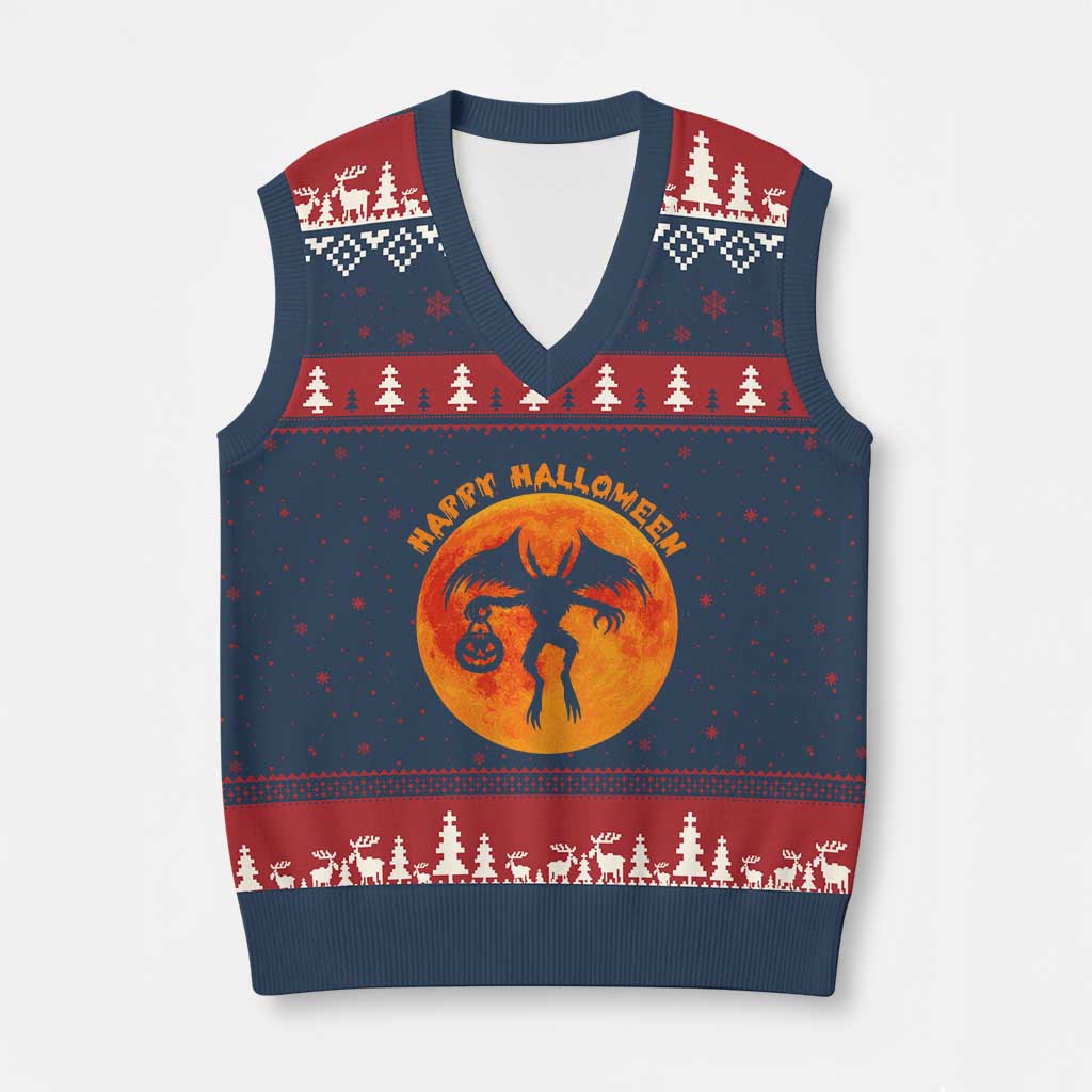 Funny Halloween Mothman Cryptid Creatures V-Neck Knit Sweater Vest TS11 Navy Red Print Your Wear