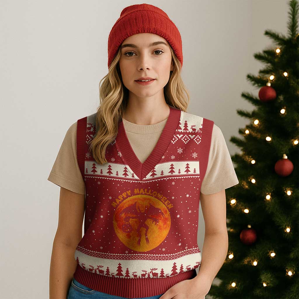 Funny Halloween Mothman Cryptid Creatures V-Neck Knit Sweater Vest TS11 Red Beige Print Your Wear